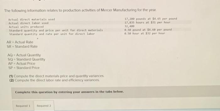 The following information relates to production activities of Mercer Manufacturing for the