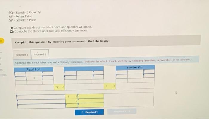 wantity and price per unit for direct materials standard quantity and rate