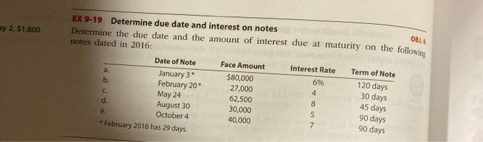  ay 2, $1,600 OBI. EX 9-19 Determine due date and interest