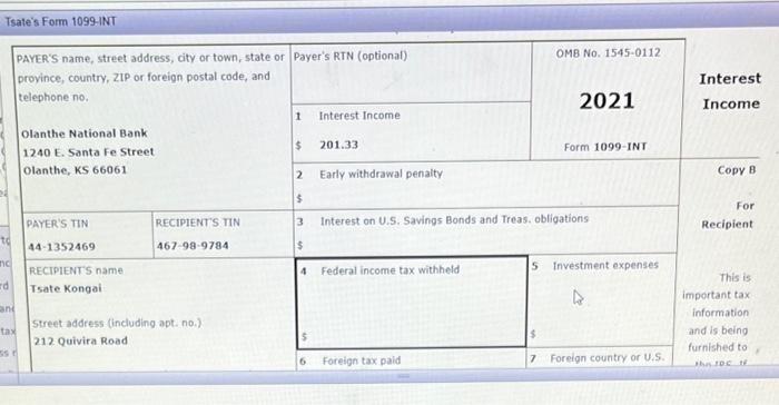 I cirth 1096b Tsate's W-2 Form Tsate received the following W2 form: