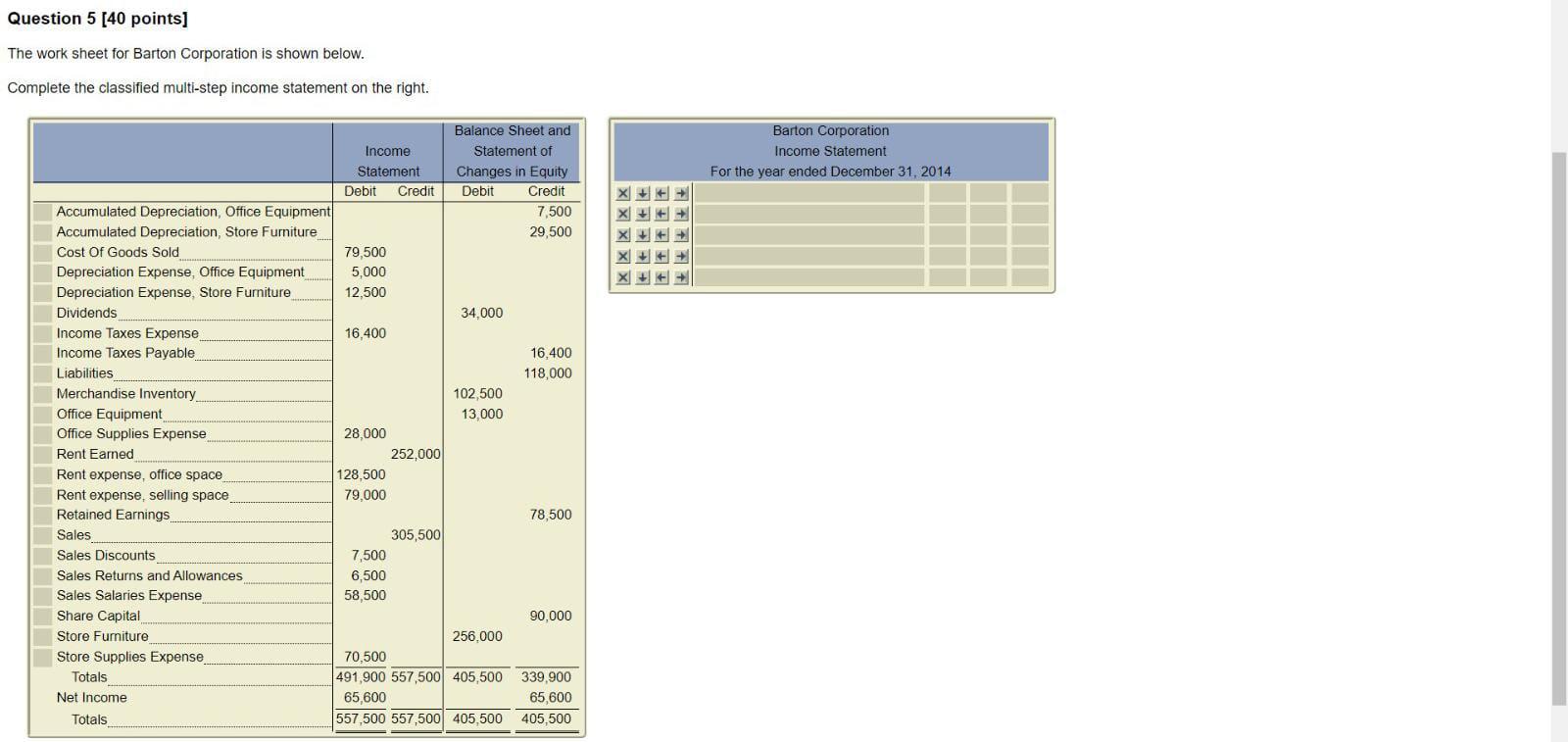  Question 5 [40 points] The work sheet for Barton Corporation is