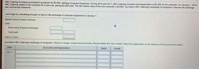  ABC Catering Company purchased a computer for $3,000, debiting Computer Equipment.