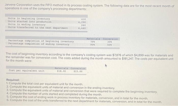  Jarvene Corporation uses the FIFO method in its process costing system.