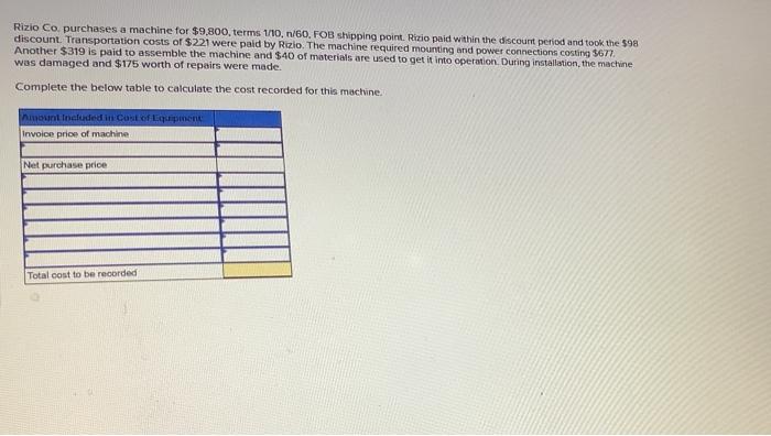  Rizio Co purchases a machine for $9,800, terms 1/10. n/60. FOB