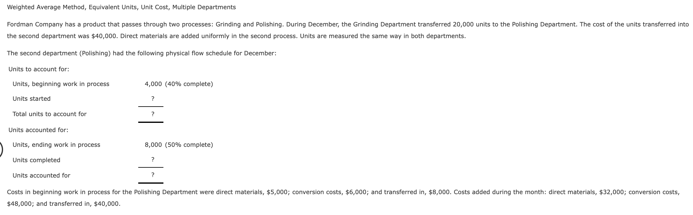Weighted Average Method, Equivalent Units, Unit Cost, Multiple Departments Fordman Company