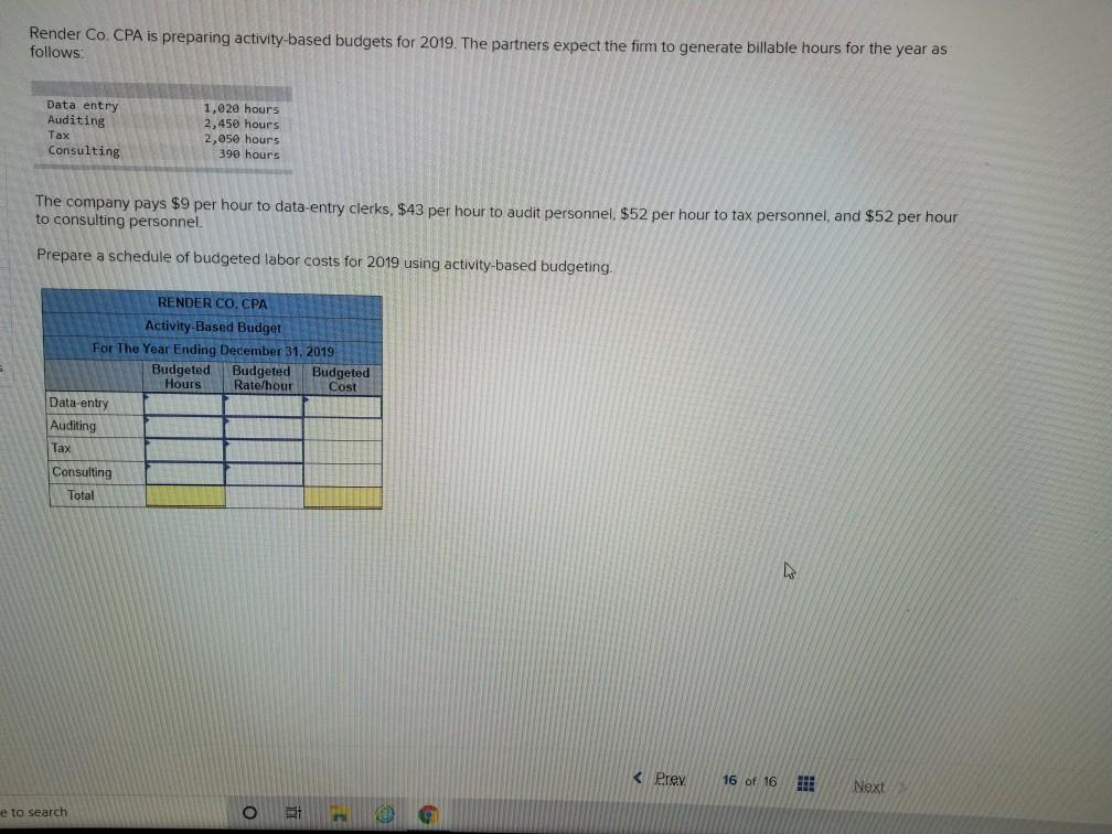  Render Co. CPA is preparing activity-based budgets for 2019. The partners
