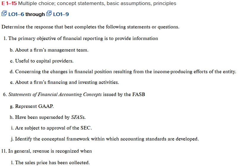  E 115 Multiple choice; concept statements, basic assumptions, principles L016 through