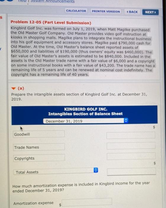  ouncements CALCULATOR PRINTER VERSION 4 BACK NEXT S Problem 12-05 (Part