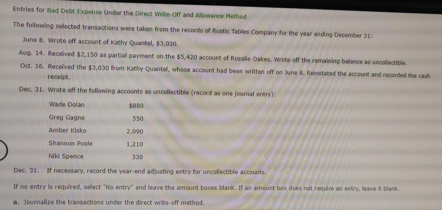 Entries for Bad Debt Expense Under the Direct Write-Off and Allowance Method