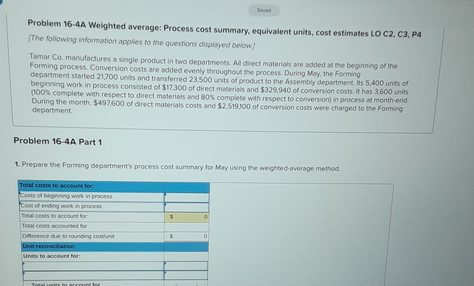 Saved Problem 16-4A Weighted average: Process cost summary, equivalent units, cost