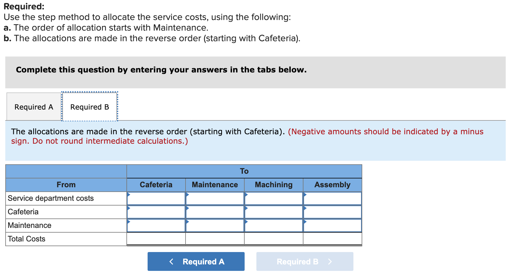 and Cafeteria. Direct costs for each department and the proportion of service