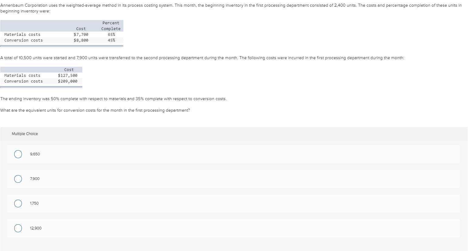 Annenbaum Corporation uses the weighted-average method in its process costing system. This