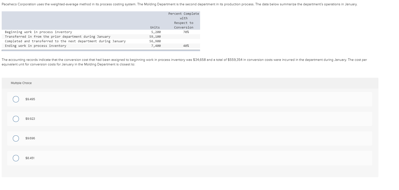 Paceheco Corporation uses the weighted-average method in its process costing system. The