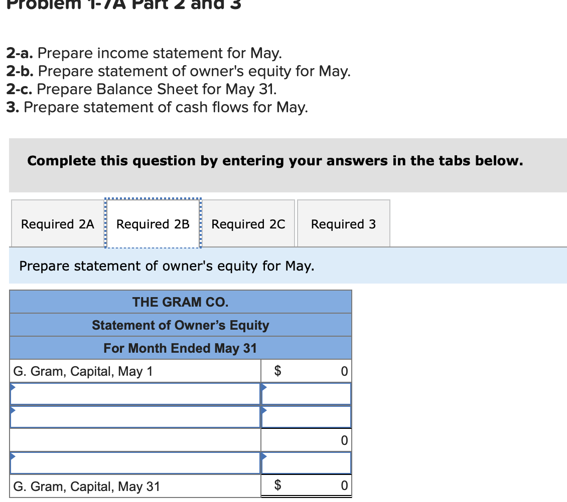 May. 2-b. Prepare statement of owner's equity for May. 2-c. Prepare Balance