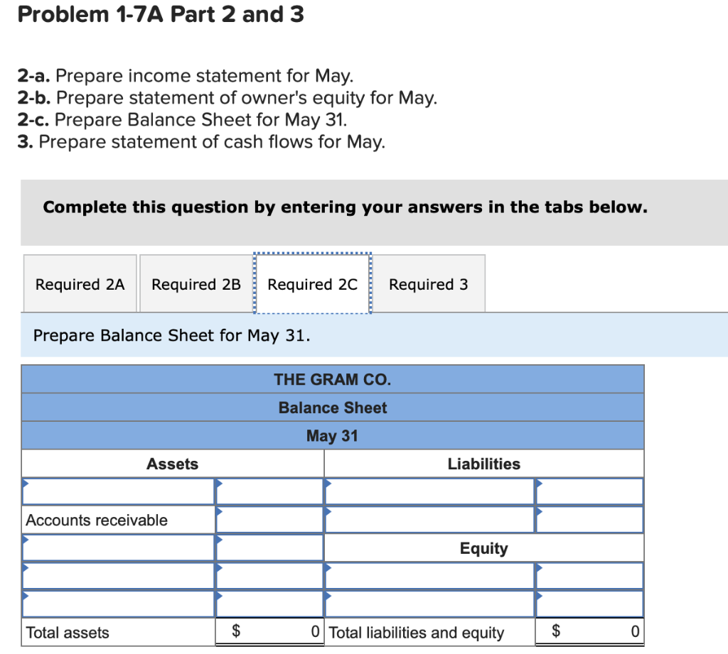 Sheet for May 31. 3. Prepare statement of cash flows for May.