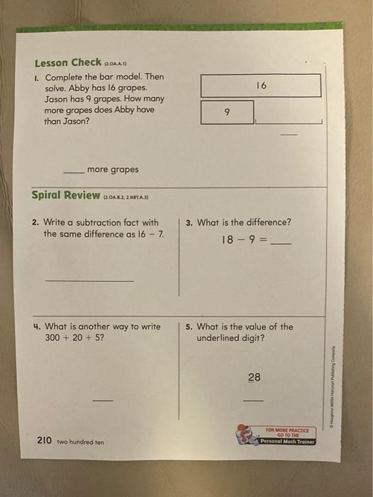 Algebra . Use Drawings to Represent Problems Complete the bar model. Then