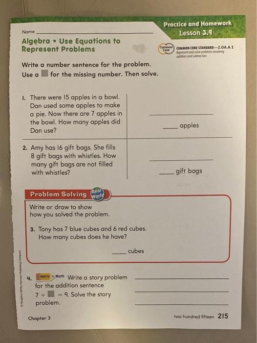 write a number sentence to solve. Carron Core COMMON CORE STANDARD-20AA1 Represt