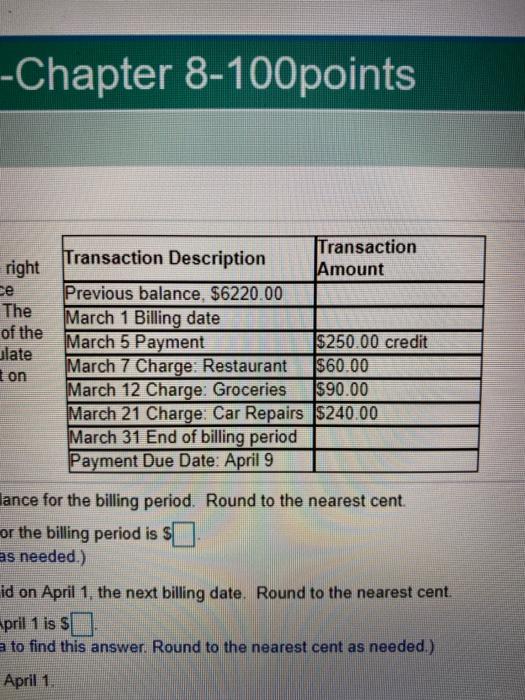  -Chapter 8-100points right The of the ulate ron Transaction Transaction Description