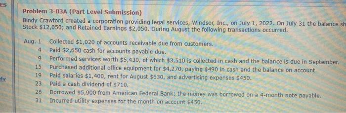  ES Problem 3-03A (Part Level Submission) Bindy Crawford created a corporation