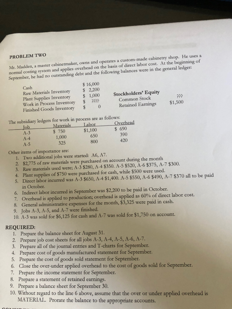 Required questions 1-10 PROBLEM TWO Mr. Madden, a master cabinetmaker, owns