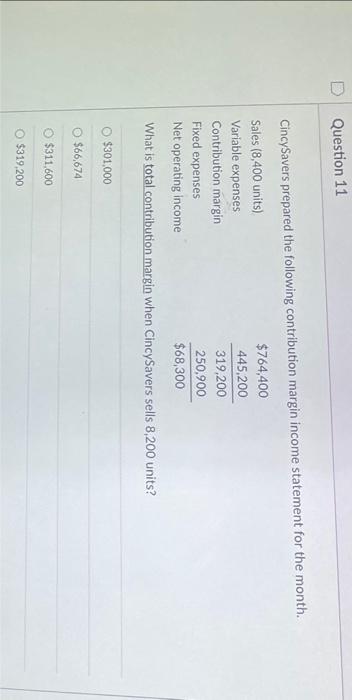  CincySavers prepared the following contribution margin income statement for the month.