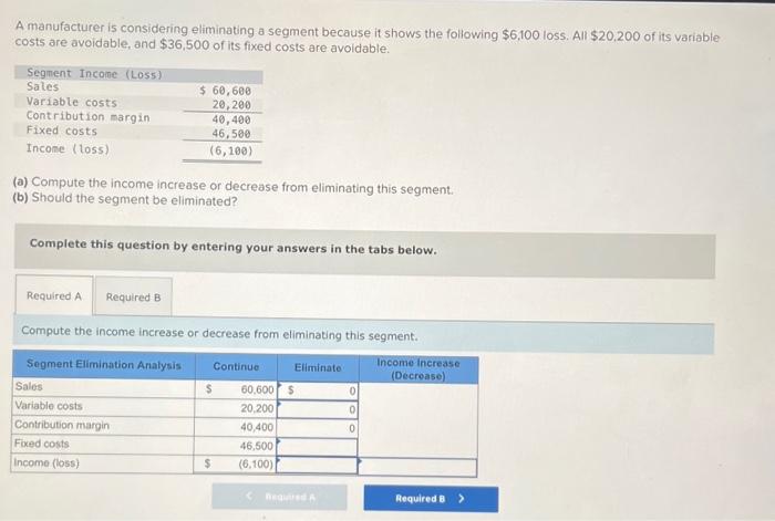 A manufacturer is considering eliminating a segment because it shows the