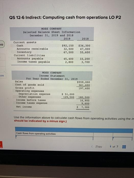  QS 12-6 Indirect: Computing cash from operations LO P2 02 MOSS