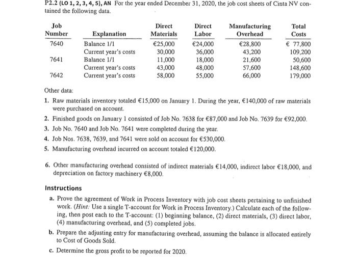 please help me solve these questions P2.2 (LO 1, 2, 3, 4,