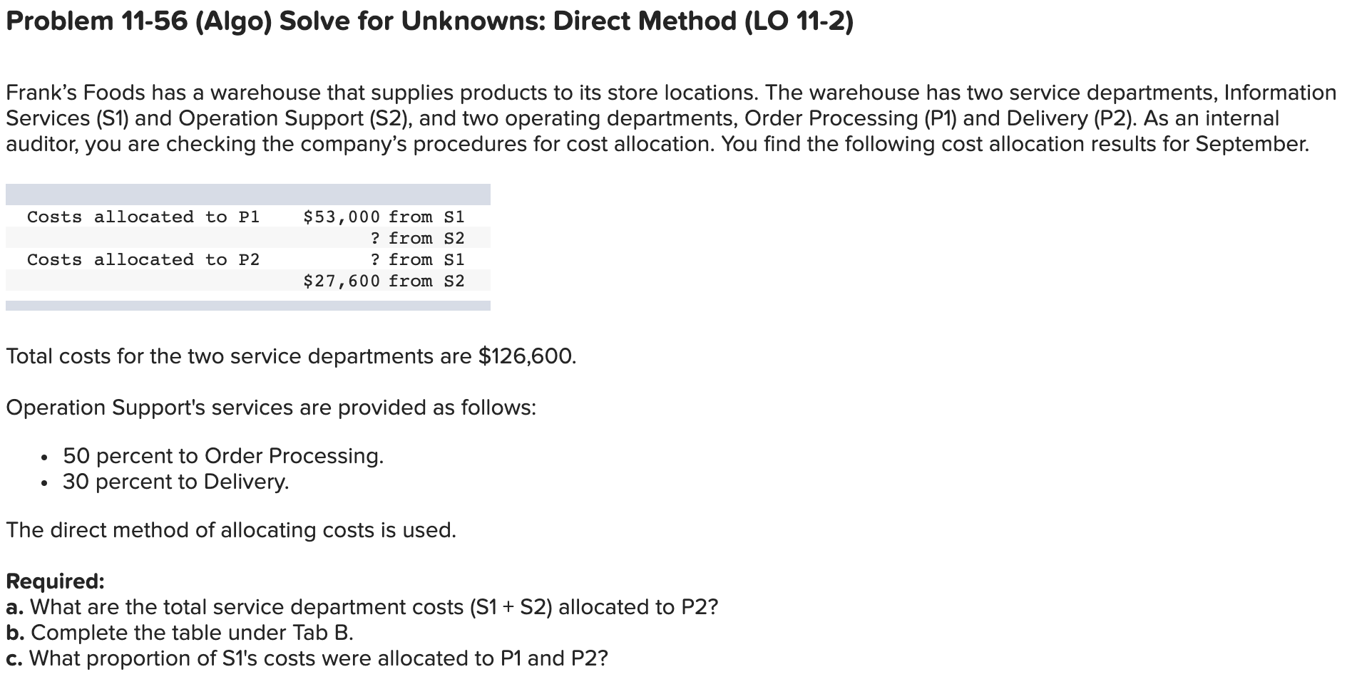 Problem 11-56 (Algo) Solve for Unknowns: Direct Method (LO 11-2) Frank's