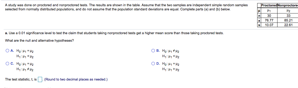 please help A study was done on proctored and nonproctored tests. The