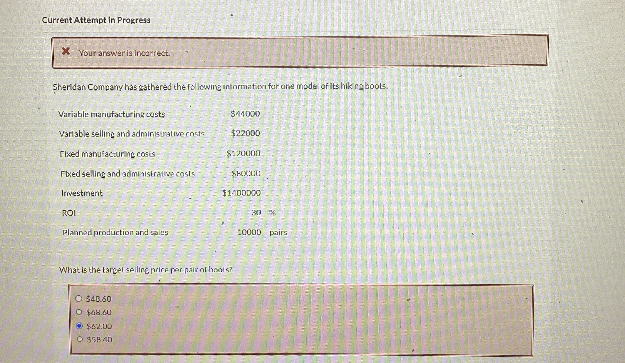  Current Attempt in Progress X Your answer is incorrect. Sheridan Company