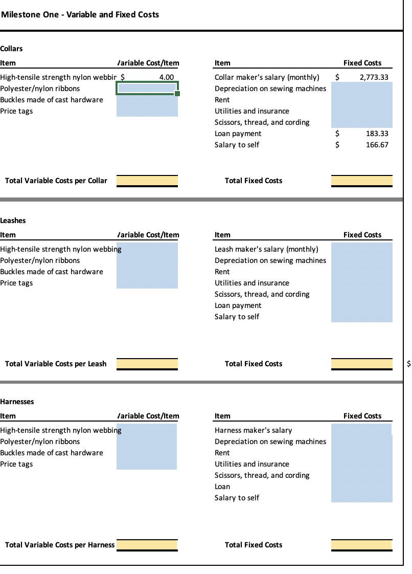 Milestone One - Variable and Fixed Costs Collars Item Variable Cost/Item