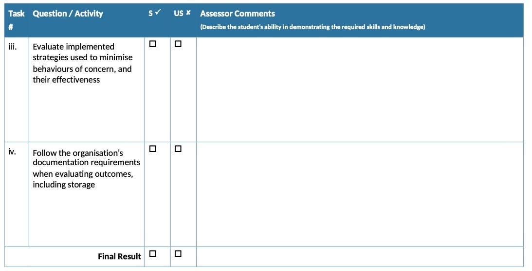  Task Question / Activity SV US X Assessor Comments # (Describe