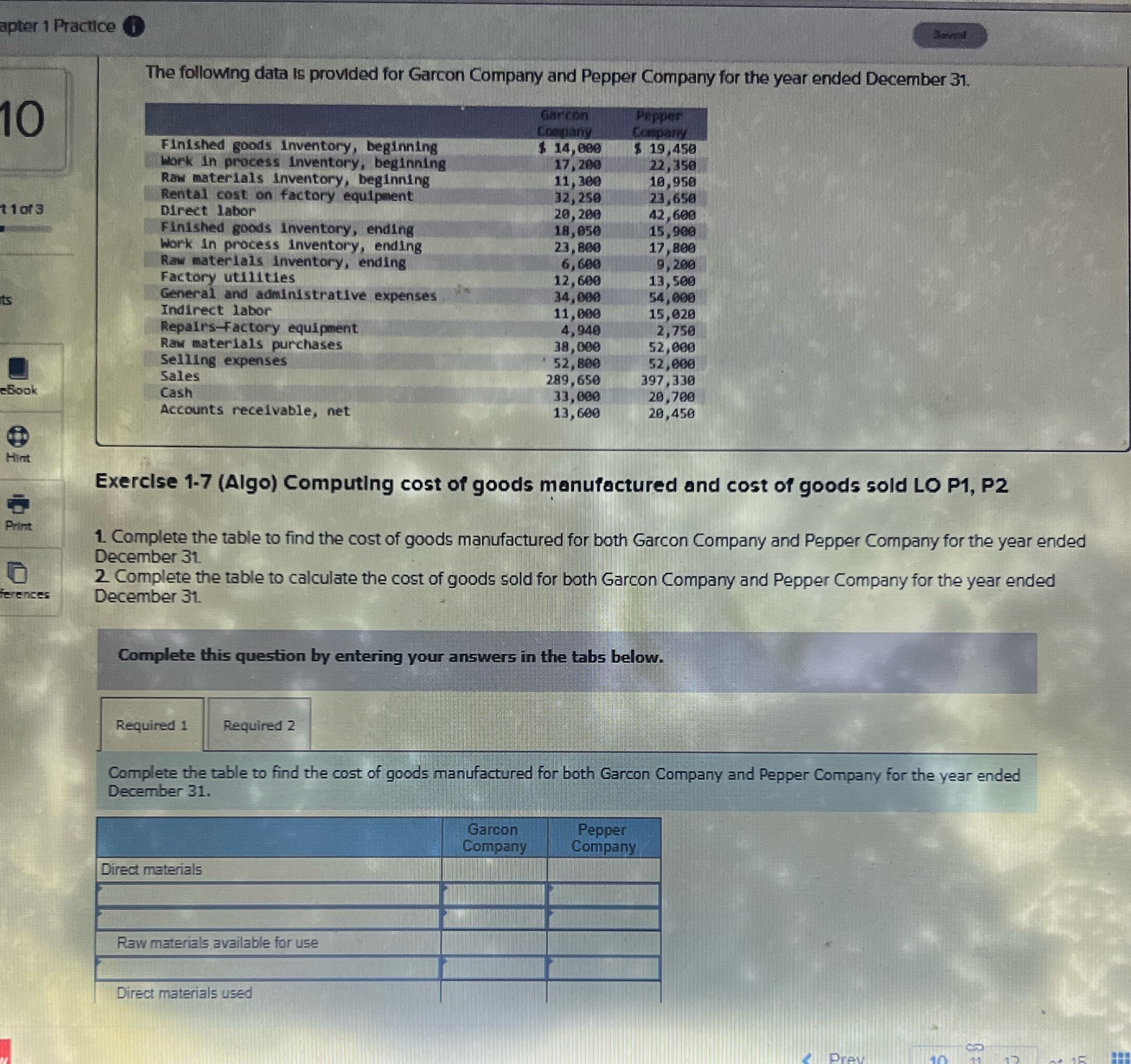  apter 1 Practice i The following data Is provided for Garcon