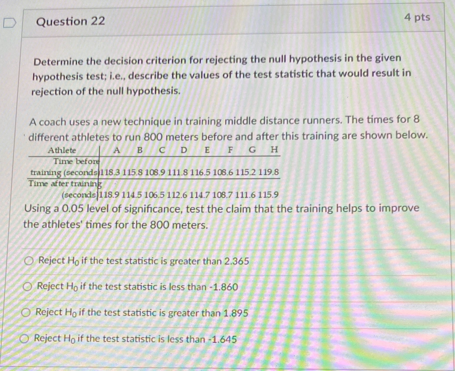  D Question 22 4 pts Determine the decision criterion for rejecting