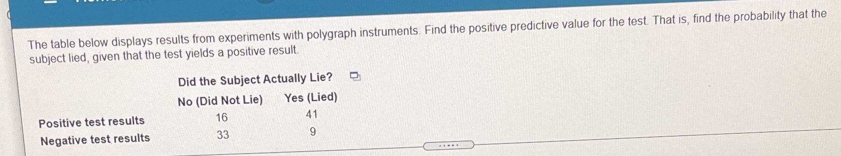 Math The table below displays results from experiments with polygraph instruments, Find