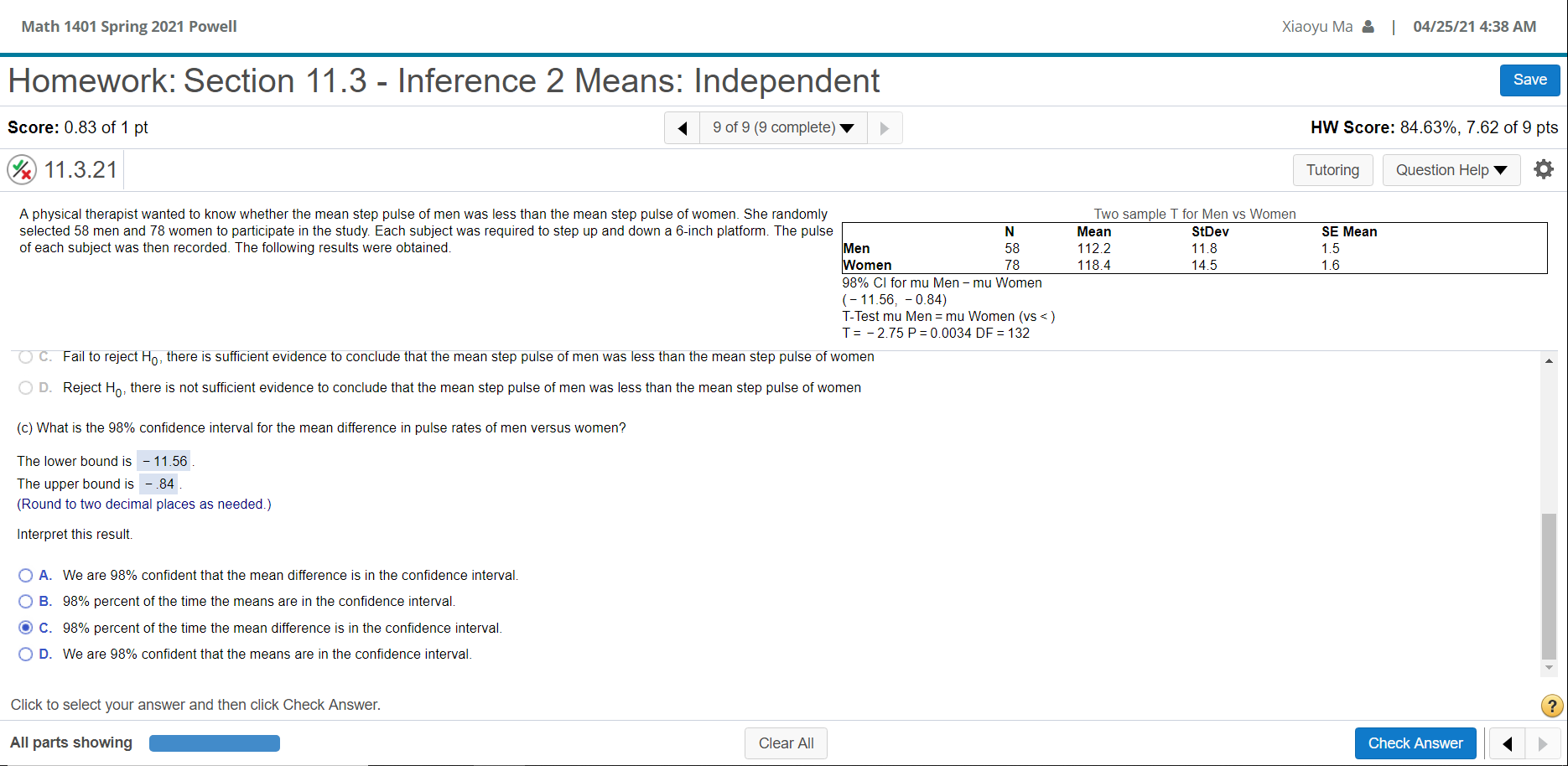 Xiaoyu Ma & | 04/25/21 4:38 AM Homework: Section 11.3 - Inference