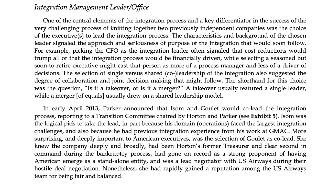 Based upon the case study, Merging American Airlines and US Airways (A)By: