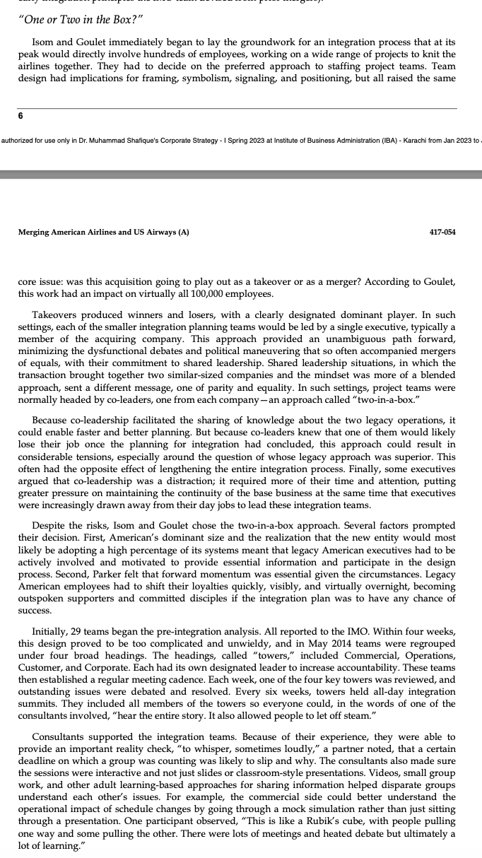 Integration Management Leader/office2. initial launch activity3. designing staffing and running the integration