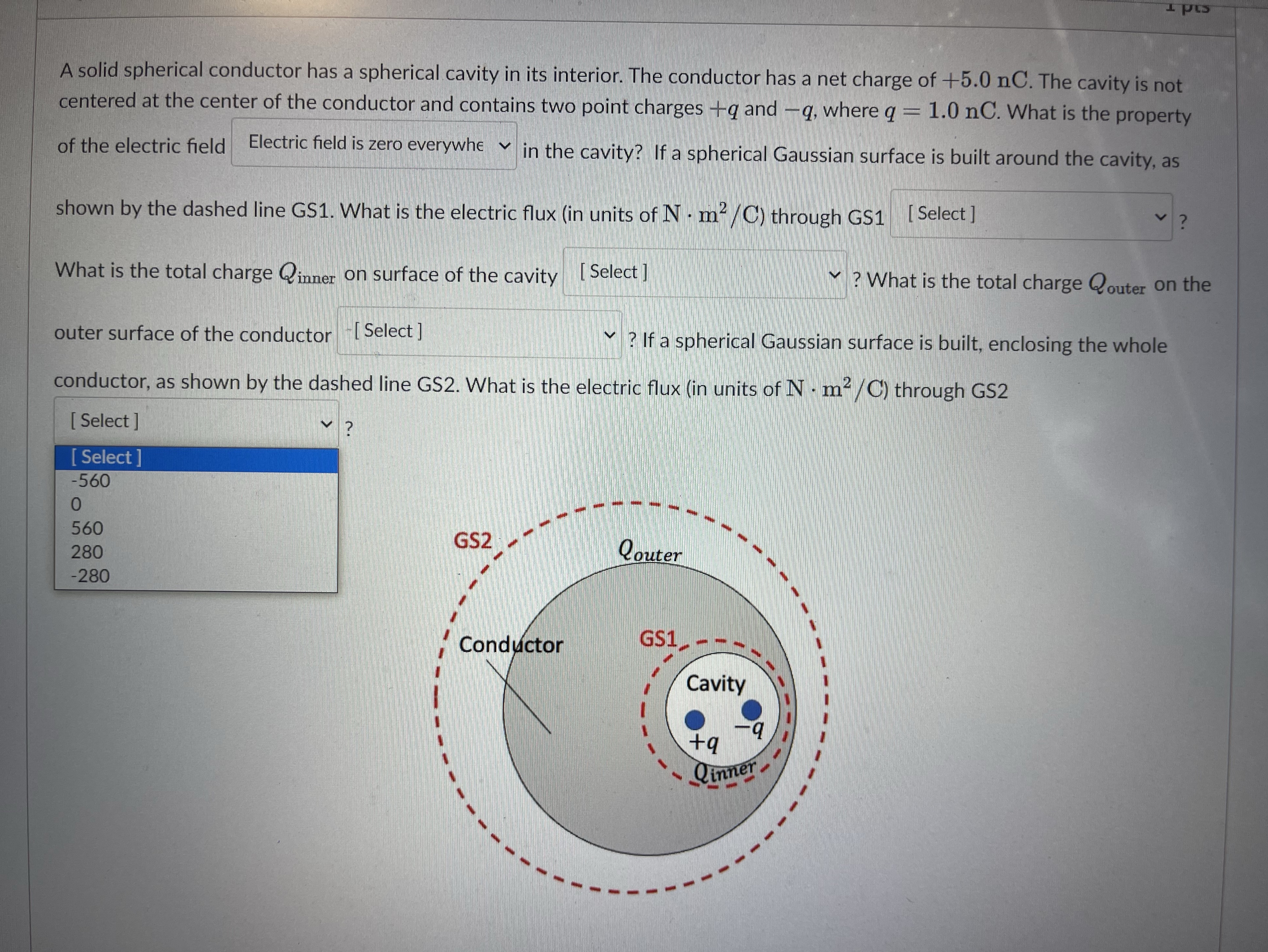  A solid spherical conductor has a spherical cavity in its interior.