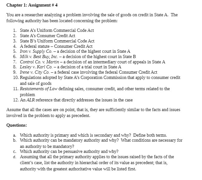  Chapter 1: Assignment # 4 You are a researcher analyzing a