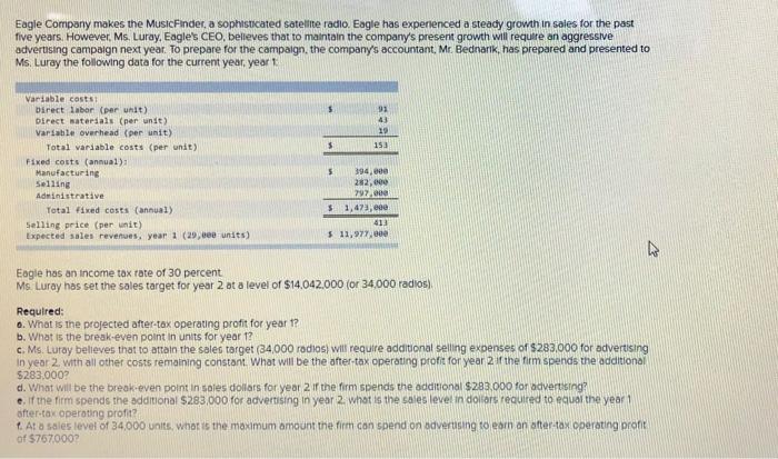 need help with C, D and F please show work Eagle Company