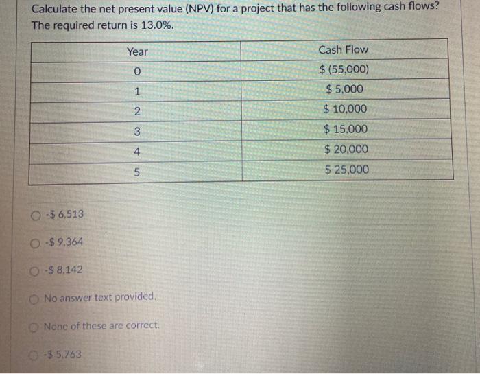  18 Calculate the net present value (NPV) for a project that