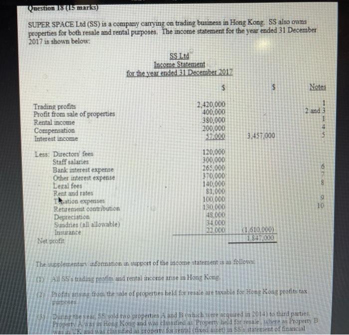 please Question 18 (15 marks) SUPER SPACE Ltd (SS) is a company