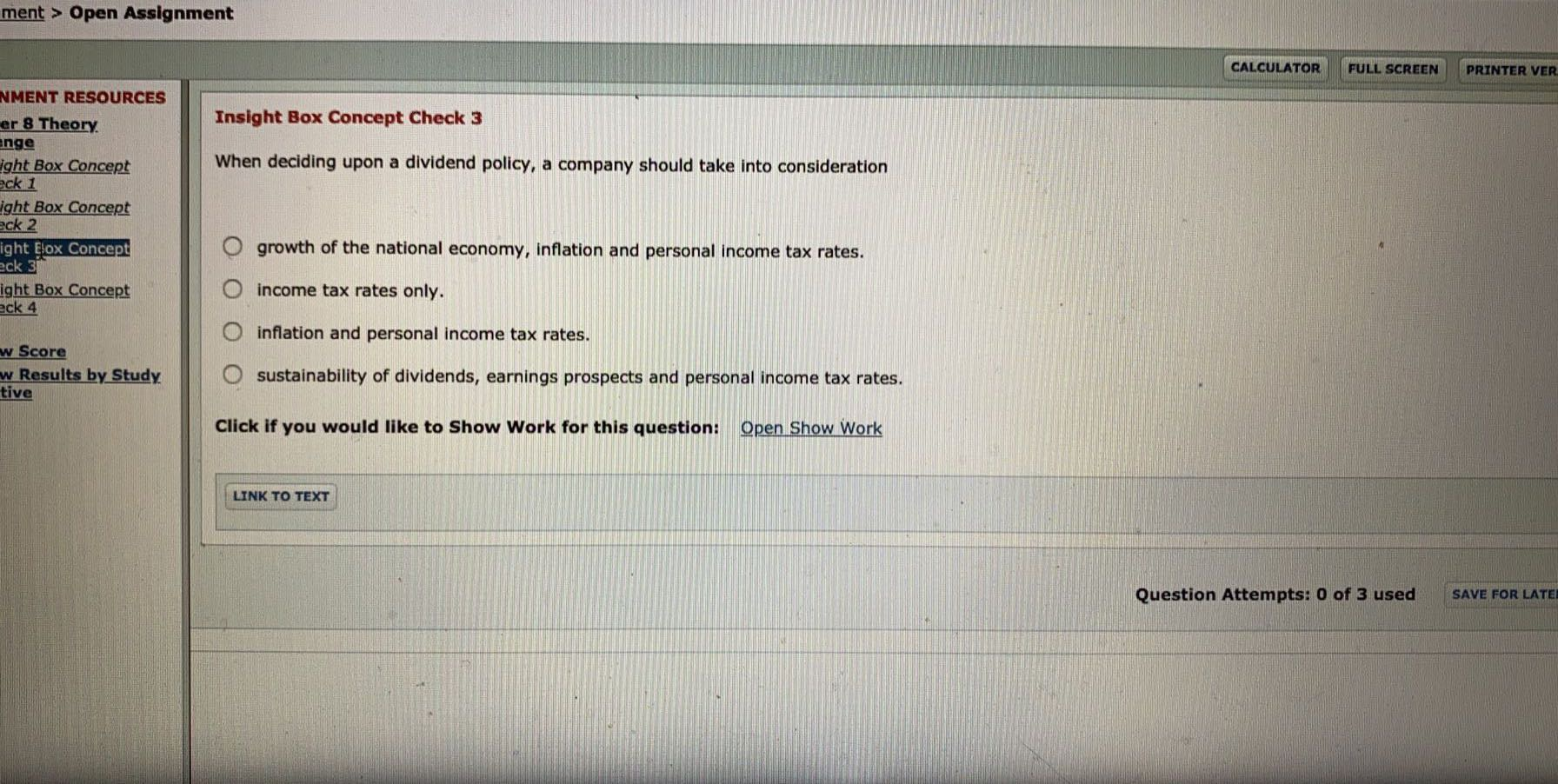 ment > Open Assignment CALCULATOR FULL SCREEN PRINTER VER Insight Box