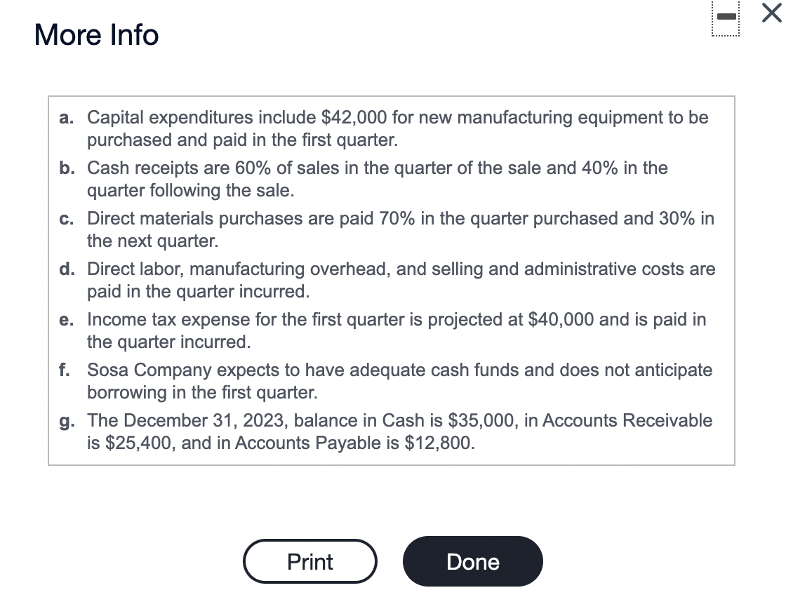 requirements. Requirement 1. Prepare Sosa Company's schedule of cash receipts from customers