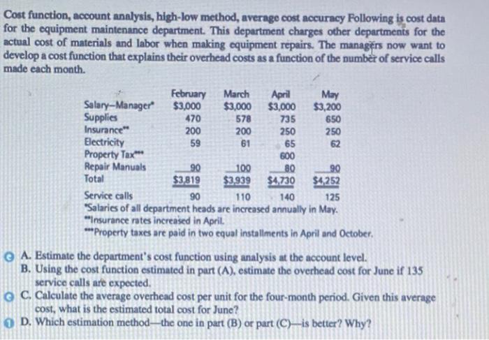  Cost function, account analysis, high-low method, average cost accuracy Following is