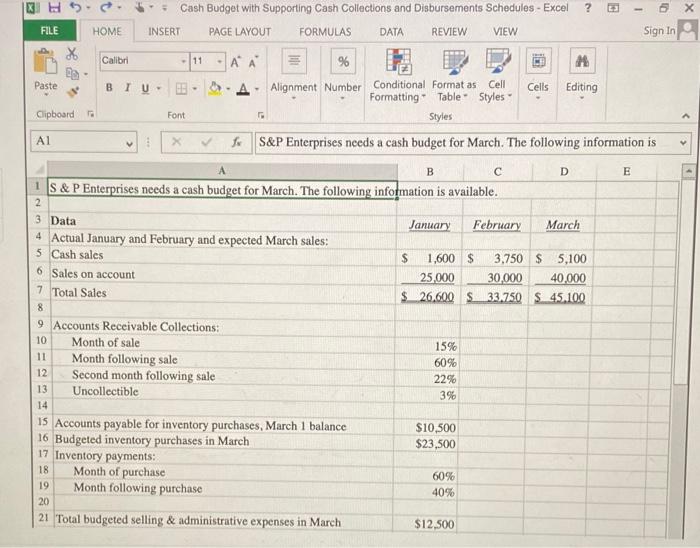 the year. The Controller has asked you to prepare the Cash Budget