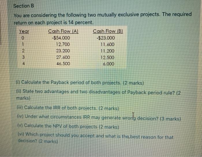  Section B You are considering the following two mutually exclusive projects.