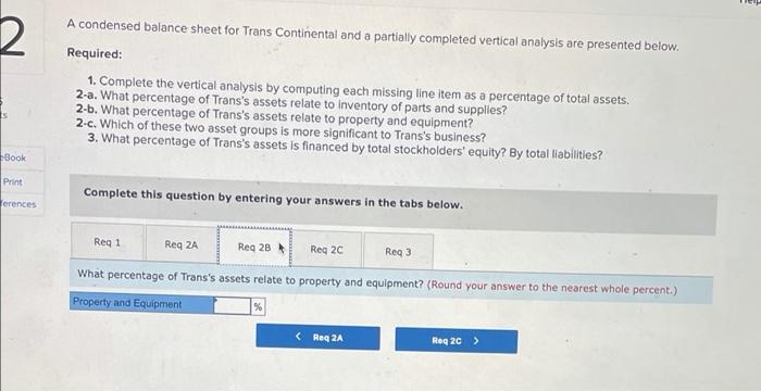 question gives. A condensed balance sheet for Trans Continental and a partially